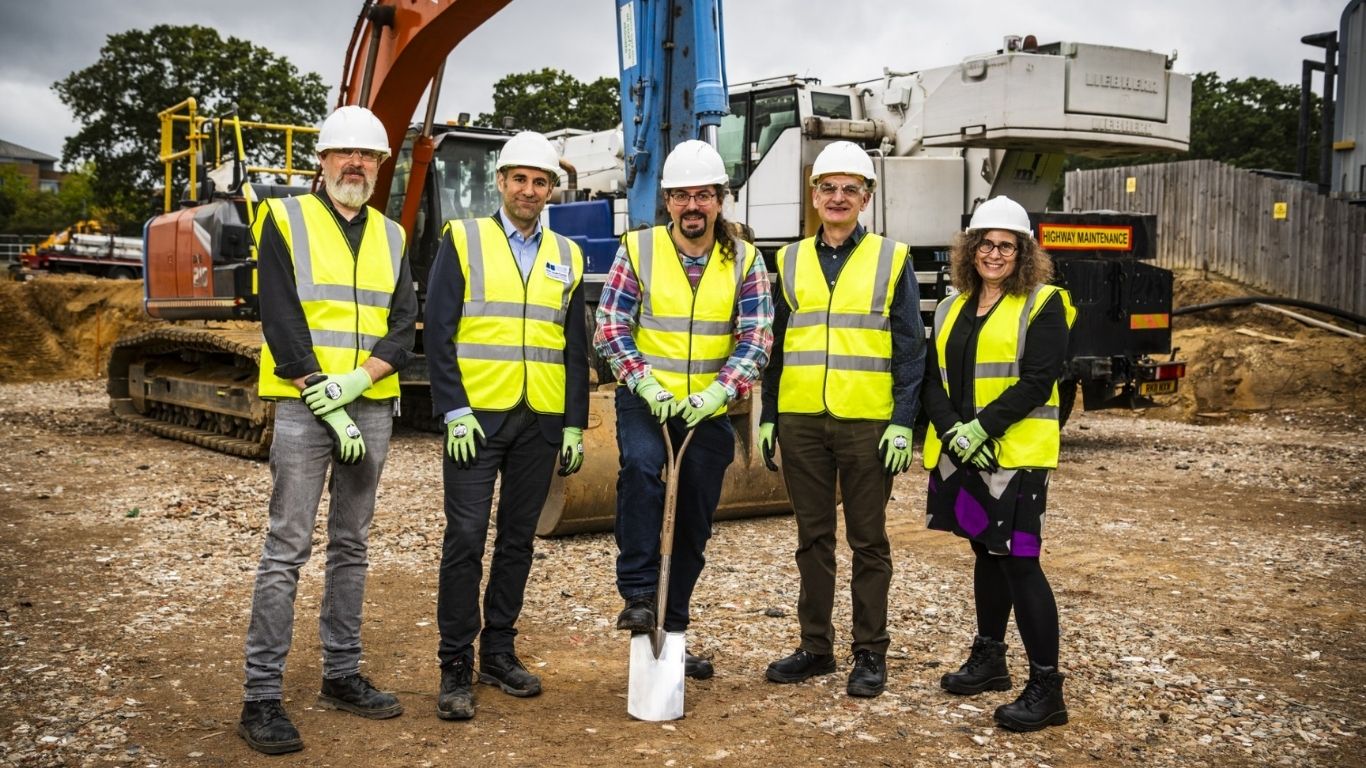 Dr Simon Foster (TSL), Professor Cristóbal Uauy (JIC), Dr Victor Soria-Carrasco (JIC), John Lord (JIC), and Professor Anne Ferguson-Smith (BBSRC) breaking ground on TP1 as part of the NGI programme.
